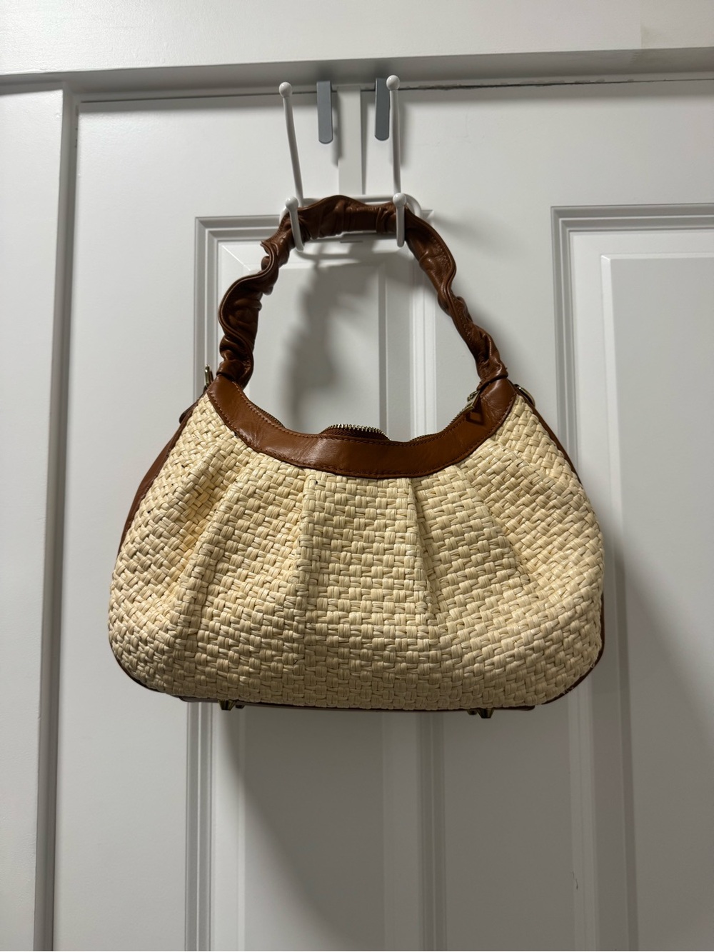 Woven Straw Shoulder Bag with Brown Leather Trim